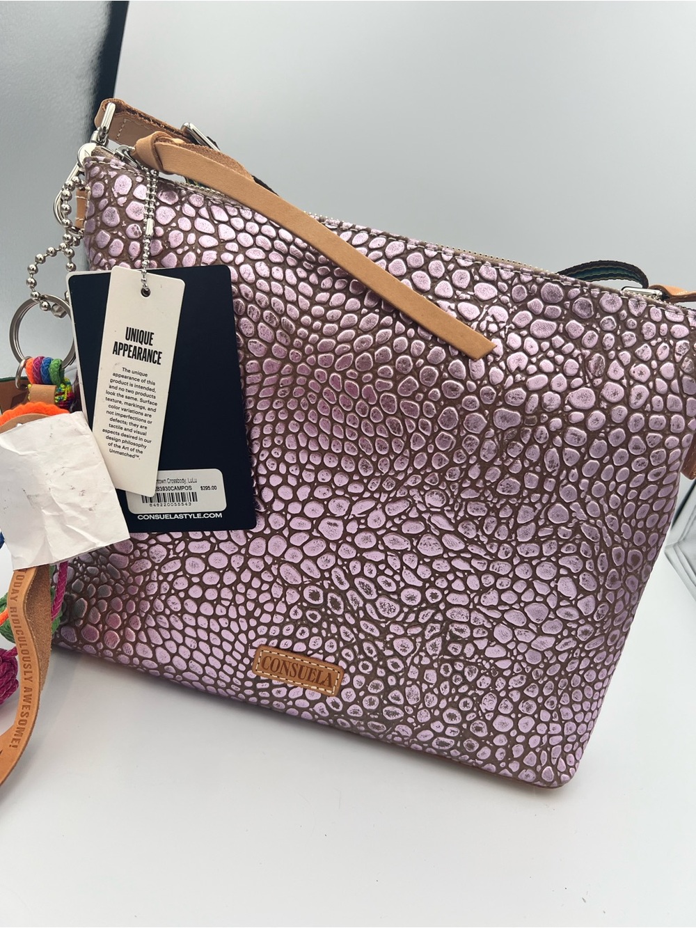 Consuela Metallic Lilac Textured Crossbody with Tan Strap
